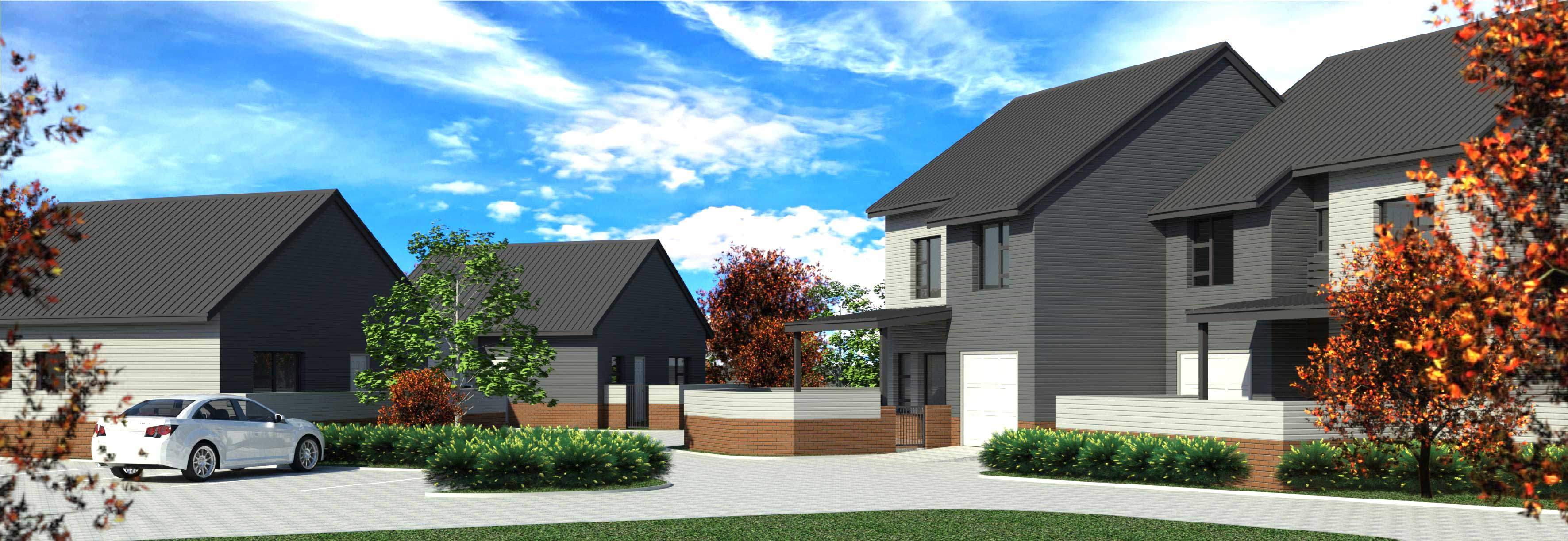 Digital rendering of houses with grey roofs.