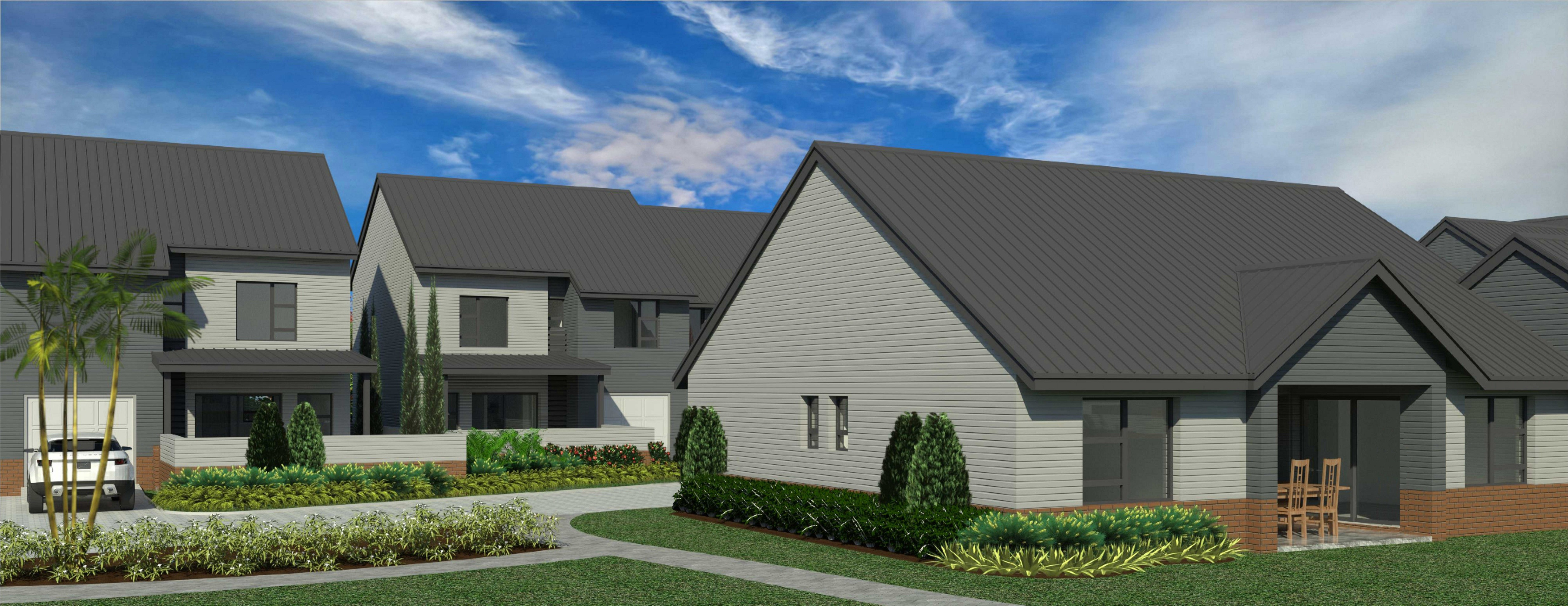 digital rendering of houses with grey roofs.